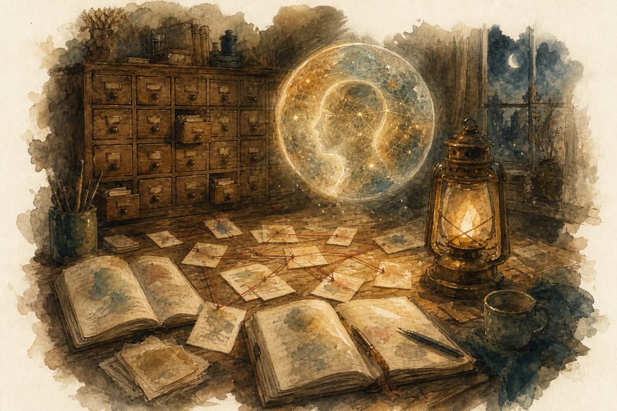 Кабинет с картотекой, записями, связанными нитями, и светящейся сферой